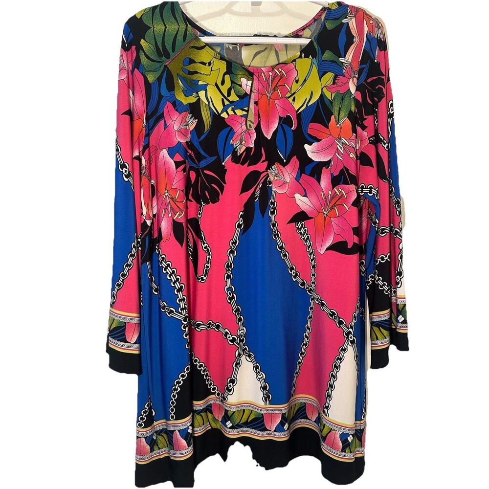 Investments XL Floral Chain Print Tunic Top Pink Blue Long Sleeve Stretch
